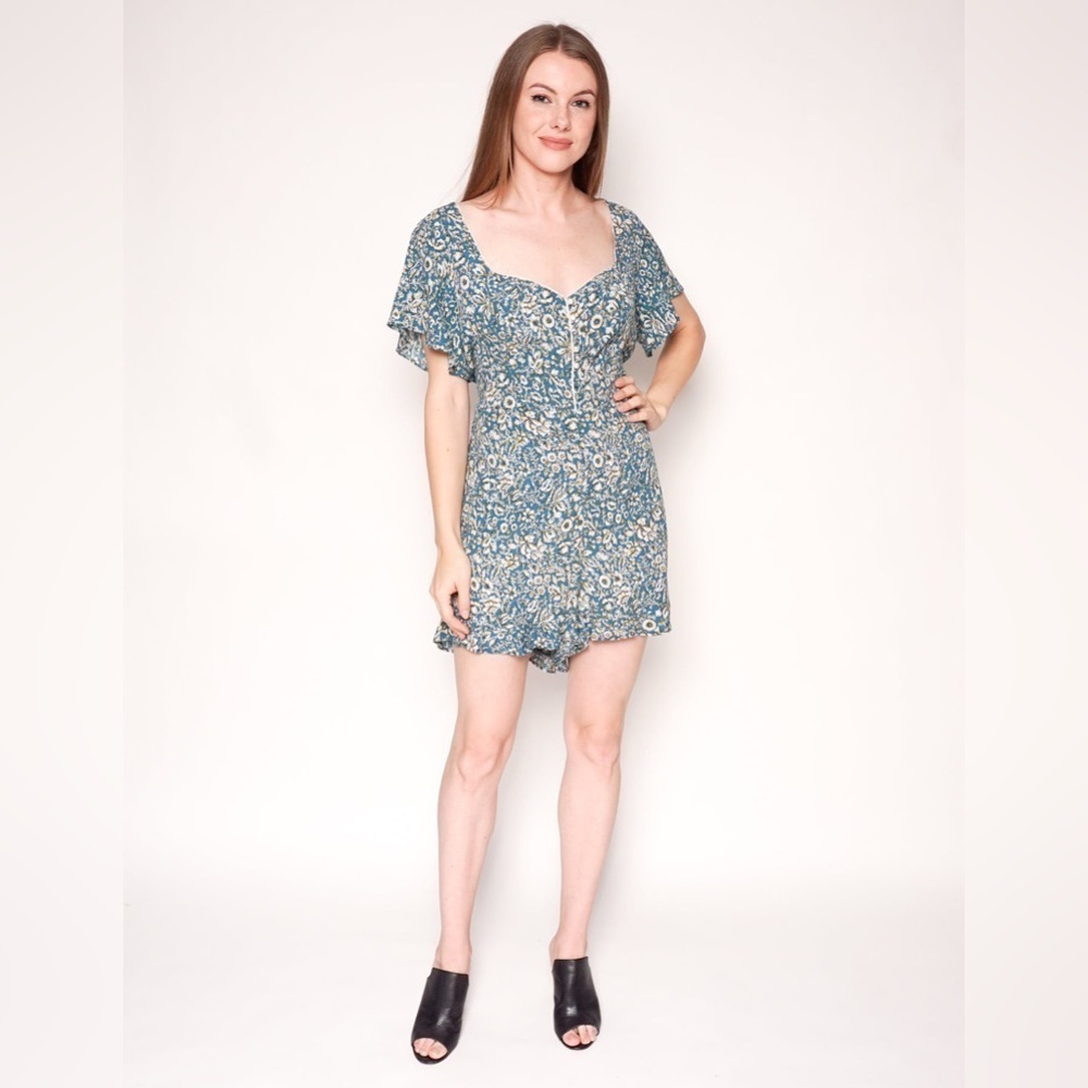 Maeve Anthropologie Floral Romper Teal Blue Size 4